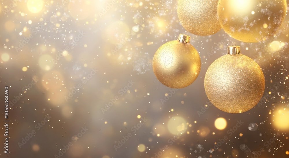 Christmas golden background with three gold Christmas ornaments on the table, leaving space for text. Christmas golden background with three gold Christmas ornaments on the table, leaving space for text.