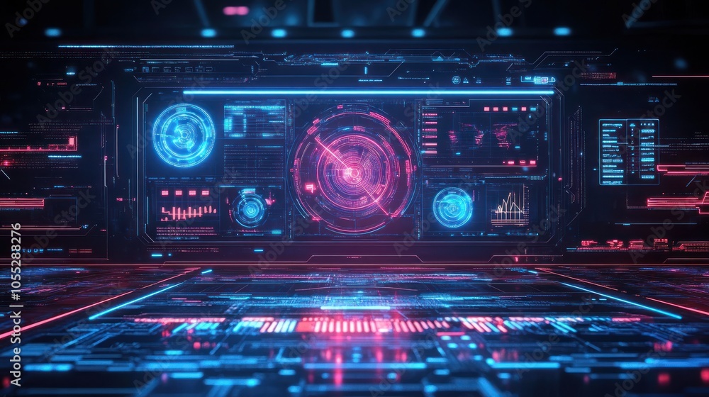 Futuristic digital interface with glowing blue and pink neon lights and futuristic digital display. Futuristic digital interface with glowing blue and pink neon lights and futuristic digital display.