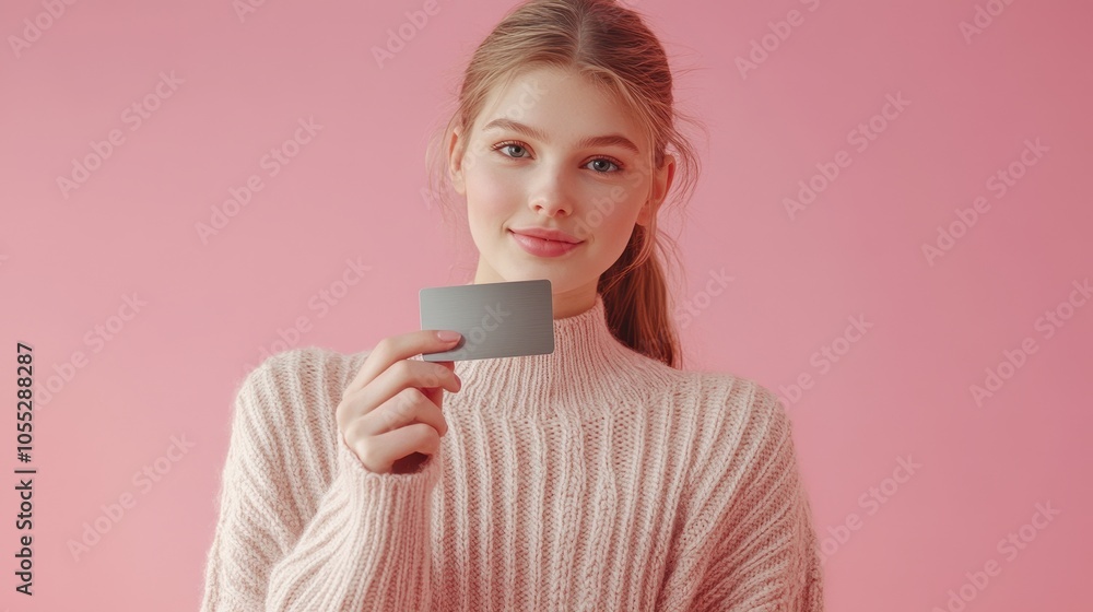 A young woman displays a metallic silver card while wearing a light sweater in a soft setting A young woman displays a metallic silver card while wearing a light sweater in a soft setting