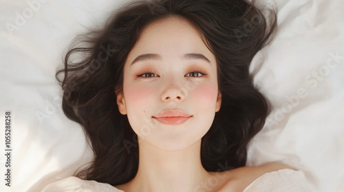 Japanese Woman Waking Up from Good Sleep Positive Energy Mental Health Wellness Concept 16:9