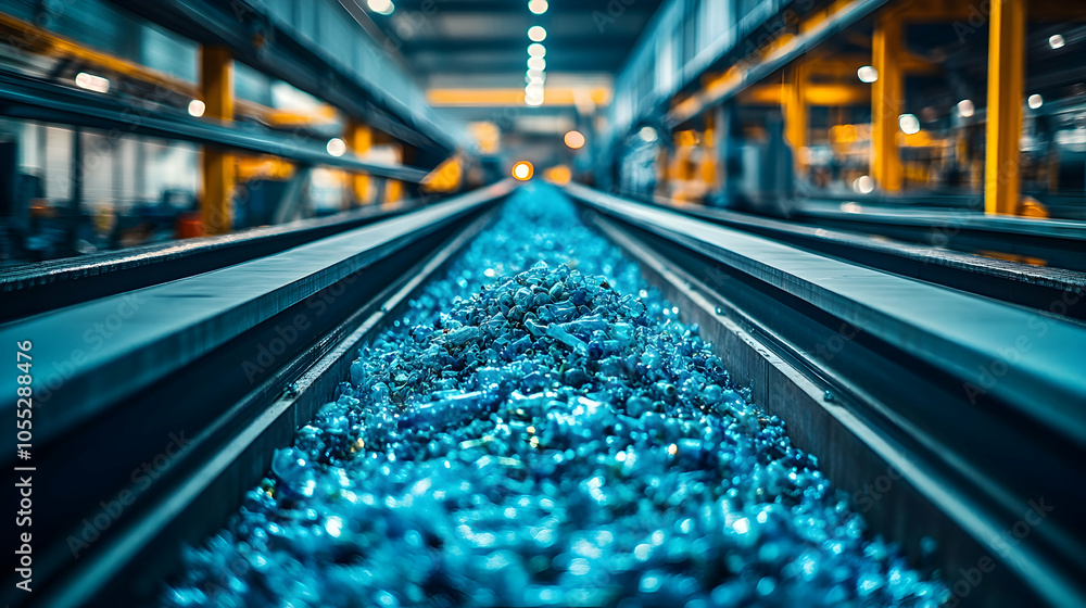 Blue Glass Recycling Conveyor Belt, Recycling Plant, Factory, Industrial, Manufacturing, Production Blue Glass Recycling Conveyor Belt, Recycling Plant, Factory, Industrial, Manufacturing, Production