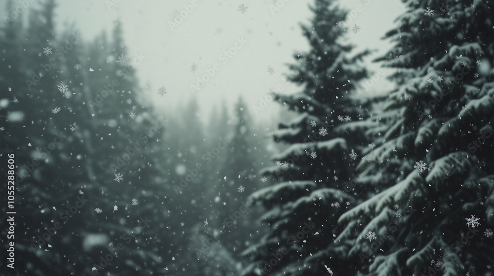 Snowflakes gently falling over a winter forest with snowy pine trees, Background, Winter mood Snowflakes gently falling over a winter forest with snowy pine trees, Background, Winter mood