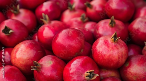 Fresh pomegranates piled together at a local market showcasing vibrant colors during a sunny autumn morning