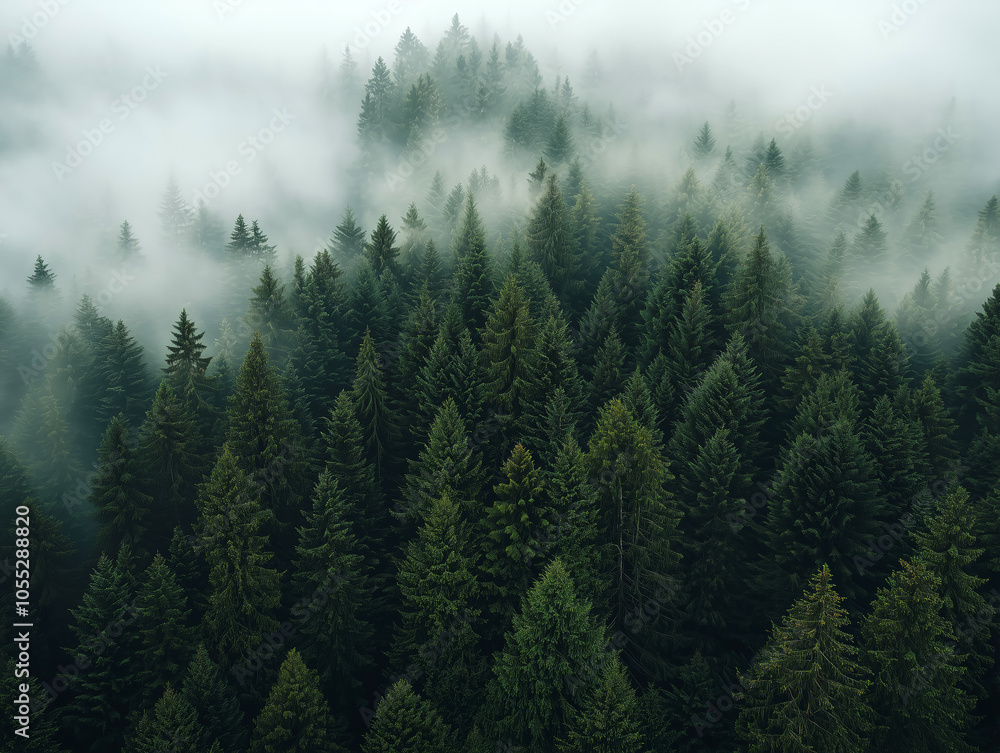 Misty forest with tall pine trees, atmospheric landscape Misty forest with tall pine trees, atmospheric landscape