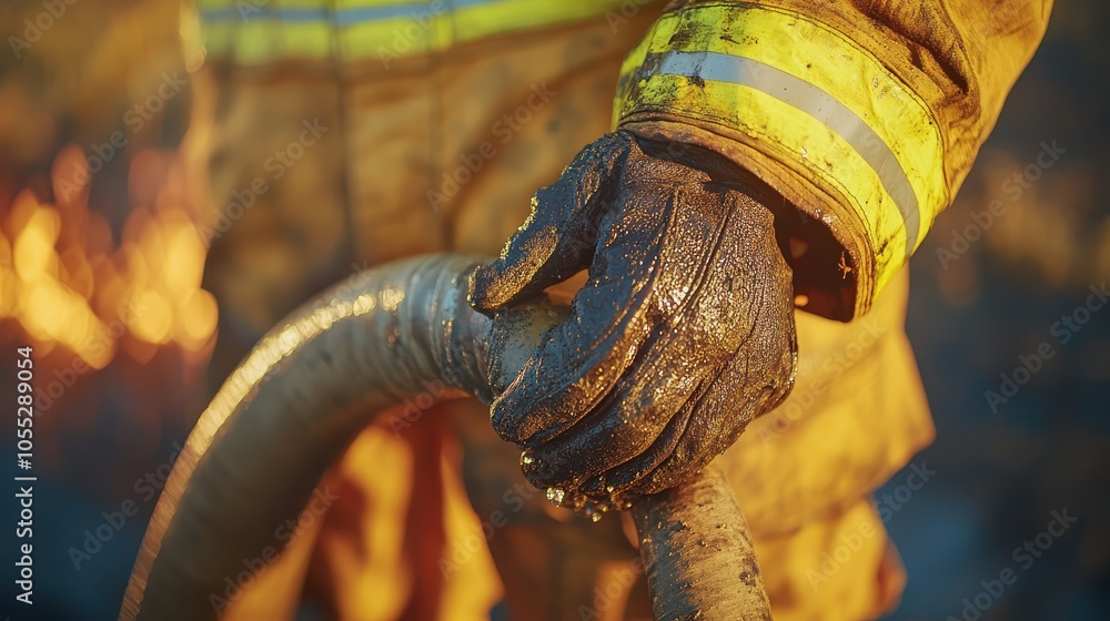 Close-up of firefighter holding a hose, ready to combat fire, dramatic background. Close-up of firefighter holding a hose, ready to combat fire, dramatic background.