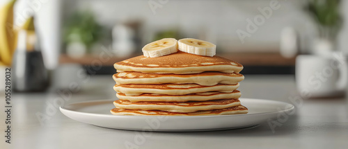 A stack of fluffy pancakes topped with banana slices, set on a white plate against a blurred kitchen background, perfect for breakfast imagery. photo