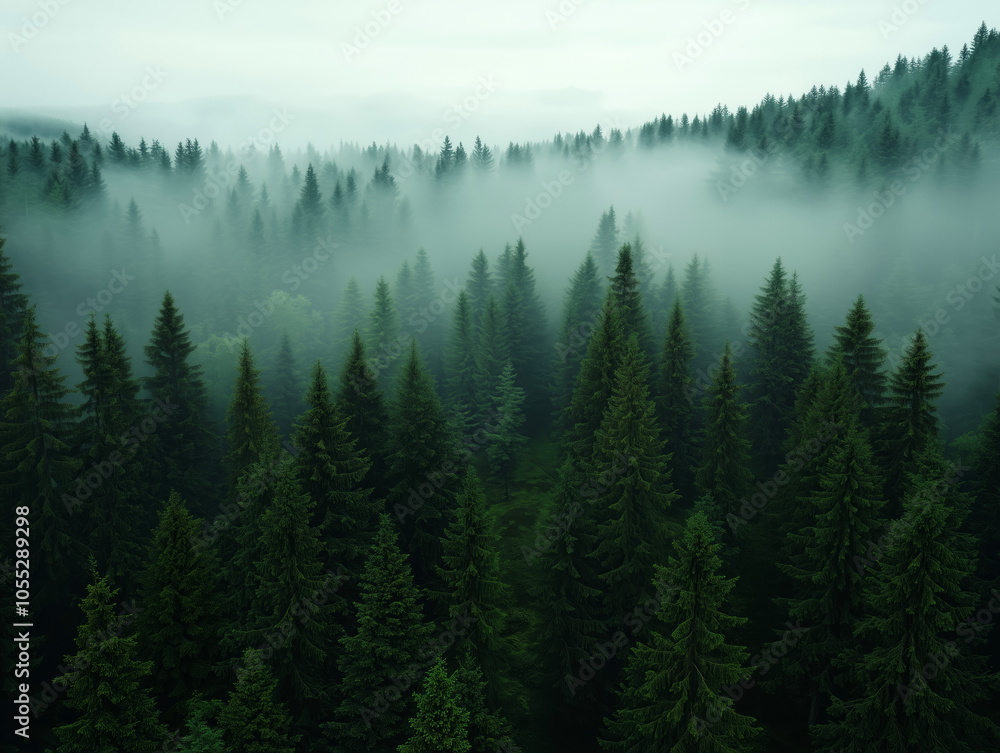 Misty forest with tall pine trees, atmospheric landscape Misty forest with tall pine trees, atmospheric landscape