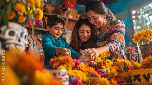 family creating colorful ofrenda together, surrounded by vibrant flowers and decorations, showcasing love and tradition