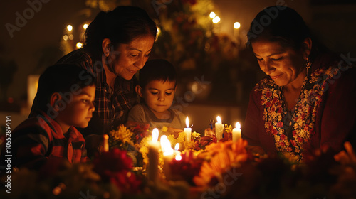 family lighting candles on altar in remembrance, creating warm and reflective atmosphere. scene captures essence of togetherness and tradition