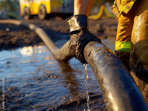 Wallpaper Mural Firefighter handling a water hose in muddy conditions, action shot. Torontodigital.ca