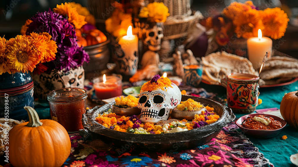 Fototapeta premium vibrant festive table setting featuring decorated skull, colorful flowers, and traditional dishes, creating joyful atmosphere for celebration