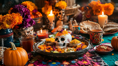 vibrant festive table setting featuring decorated skull, colorful flowers, and traditional dishes, creating joyful atmosphere for celebration