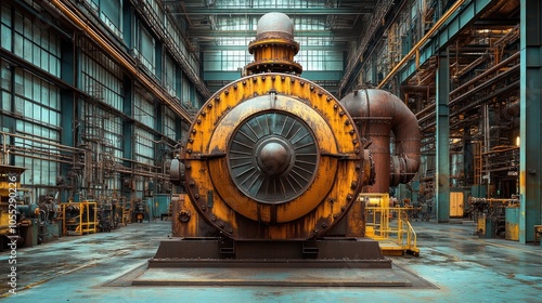 Industrial Machine with Yellow and Rust Colors in an Old Factory