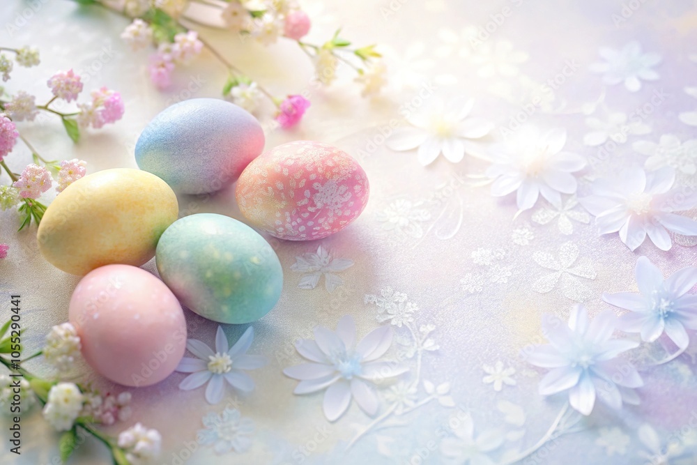 Pastel rainbow eggs scattered on a soft white background with delicate floral patterns and subtle shading for a whimsical Easter feel, decorative eggs, pastel colors, flowers, seasonal decor, colorfu Pastel rainbow eggs scattered on a soft white background with delicate floral patterns and subtle shading for a whimsical Easter feel, decorative eggs, pastel colors, flowers, seasonal decor, colorfu