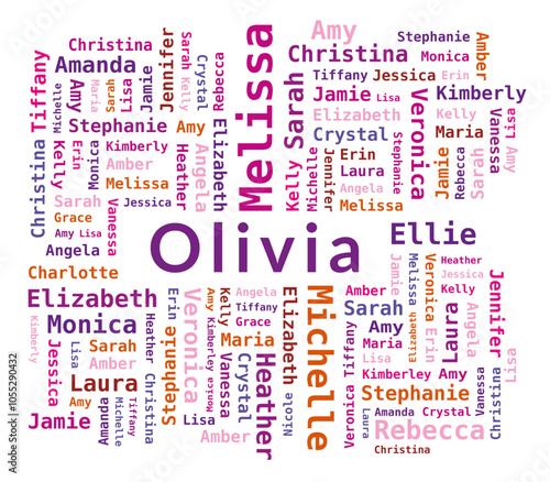 Εκτύπωση καμβά Nuage de Mots Prénoms Féminins en Anglais- Prénoms  Tendance pour Bébés