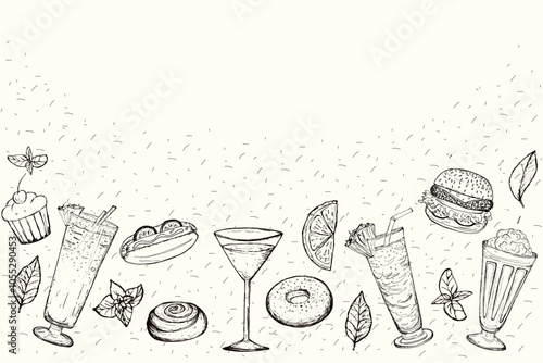 Alcoholic cocktails and delicious sweet buns hand drawn vector illustration. Fast food sketch. Engraved style. Hand Mint Leaves.