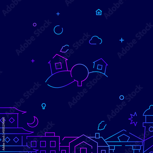 Countryside, hills gradient line vector icon, simple illustration on a dark blue background, building related bottom border.