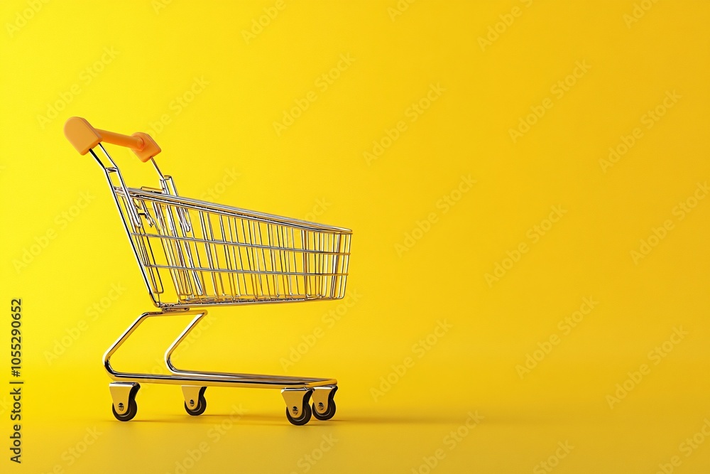 Shopping Cart on Yellow Background: Minimalist Retail Concept Shopping Cart on Yellow Background: Minimalist Retail Concept