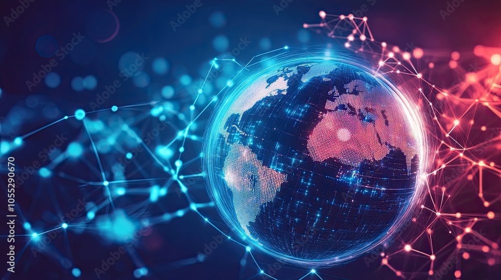 Obraz premium Digitalization concept Global technologies. 3D digital connected earth network background. Global big data cloud. 