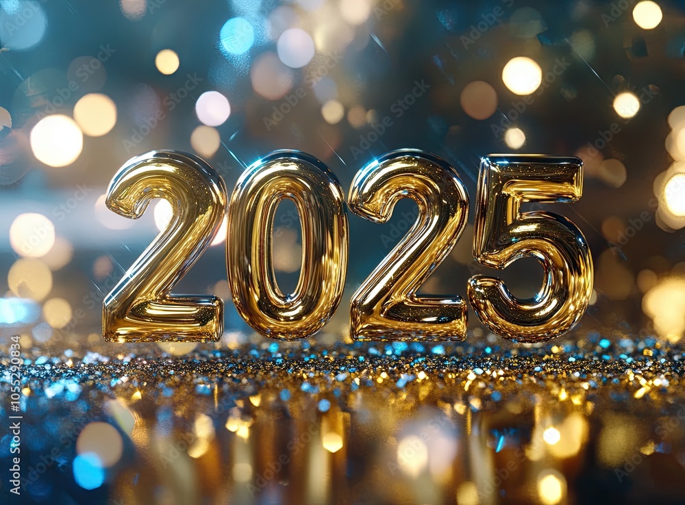 Golden 2025 on golden background and fireworks. The concept of celebration for the New Year's Eve party.
Golden 2025 on golden background and fireworks. The concept of celebration for the New Year's Eve party.