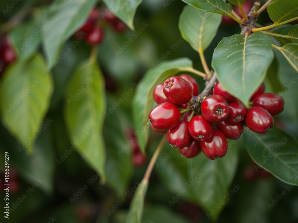 Red ripe coffee cherries on a branch surrounded by green leaves in a natural setting, harvest, nature Red ripe coffee cherries on a branch surrounded by green leaves in a natural setting, harvest, nature