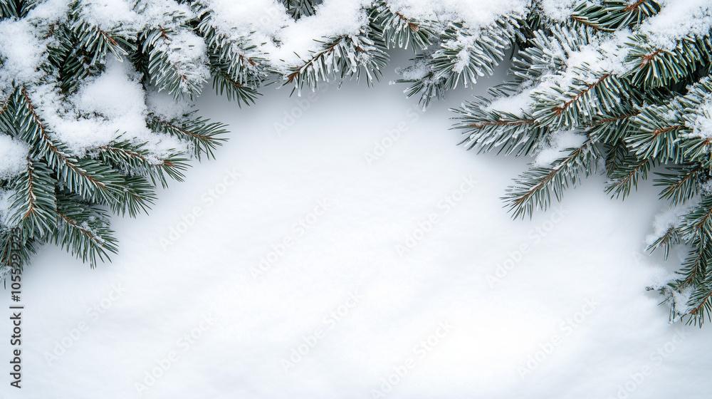 Snowflakes forming a border around pine boughs dusted with fresh snow, Background, Winter mood Snowflakes forming a border around pine boughs dusted with fresh snow, Background, Winter mood