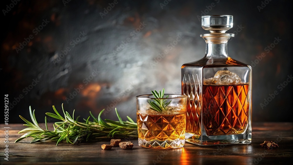 Rich amber liquid in a ornate decanter with a few ice cubes and a sprig of rosemary, fine china, candles Rich amber liquid in a ornate decanter with a few ice cubes and a sprig of rosemary, fine china, candles