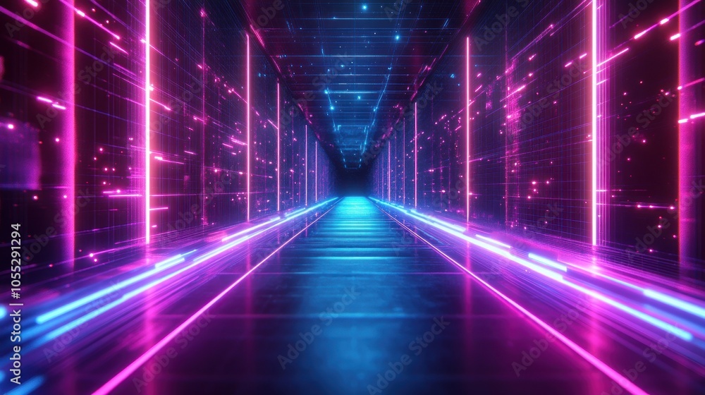 A futuristic hallway with blue and purple neon lights. A futuristic hallway with blue and purple neon lights.