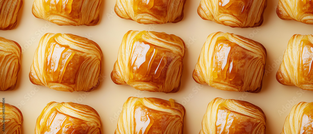 Delicious golden-brown pastries arranged neatly on a light background, showcasing their flaky texture and tempting glaze.