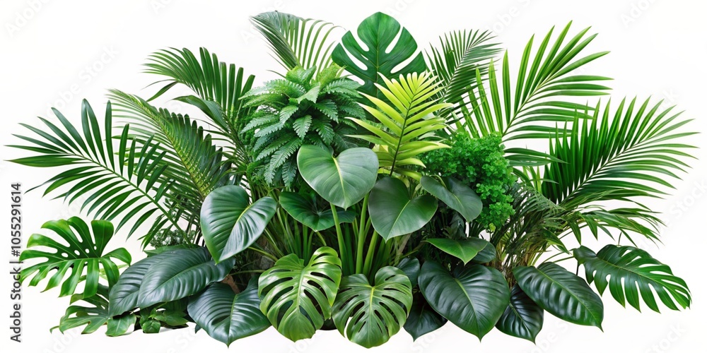 A bush of green tropical plants on a white background. A bush of green tropical plants on a white background.