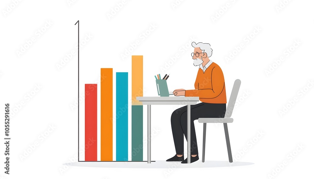 Senior Man Working at a Desk with a Bar Chart in the Background Senior Man Working at a Desk with a Bar Chart in the Background