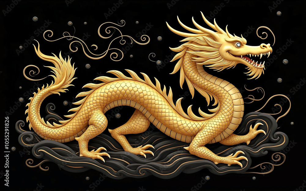 Obraz premium Luxury greeting card with golden hand drawn Asian dragon as a symbol of 2025 New Year. Dragon as Chinese traditional horoscope sign on red gradient
