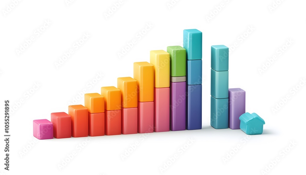 Colorful Stacked Blocks Representing an Upward Trend with a Small House at the End Colorful Stacked Blocks Representing an Upward Trend with a Small House at the End