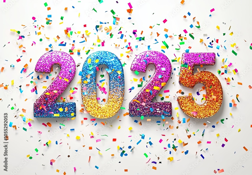 2025 written with colorful glitter on a white backdrop with glittering sparkles and confetti around creating a festive atmosphere. The concept of celebration for the New Year's Eve party. 2025 written with colorful glitter on a white backdrop with glittering sparkles and confetti around creating a festive atmosphere. The concept of celebration for the New Year's Eve party.