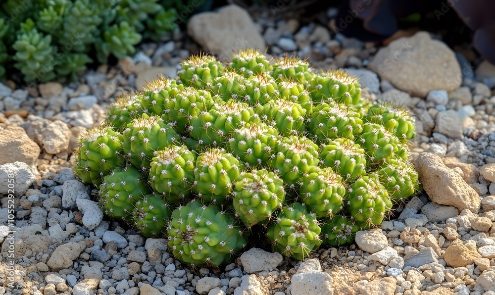 Small green cactus in a desert garden, Generative AI Small green cactus in a desert garden, Generative AI