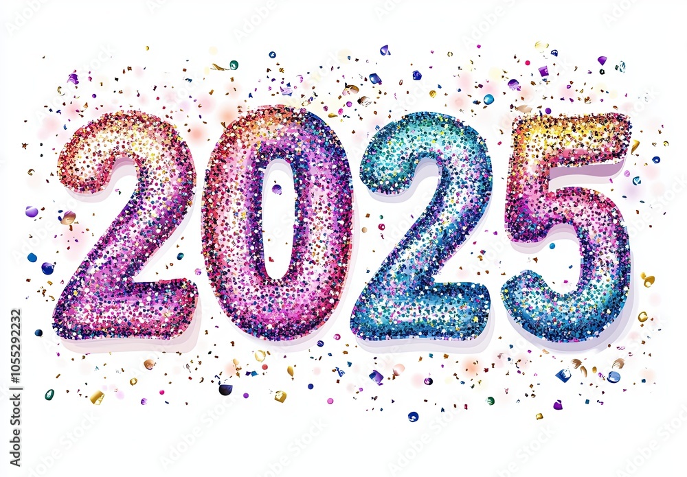2025 written with colorful glitter on a white backdrop with glittering sparkles and confetti around creating a festive atmosphere. The concept of celebration for the New Year's Eve party. 2025 written with colorful glitter on a white backdrop with glittering sparkles and confetti around creating a festive atmosphere. The concept of celebration for the New Year's Eve party.