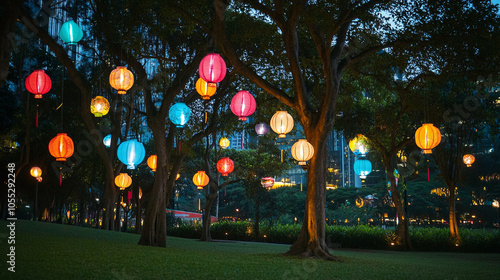 vibrant display of colorful lanterns hanging from trees in serene park setting, creating magical atmosphere at dusk
