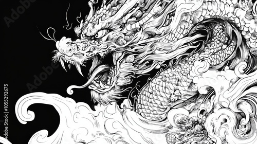 A black and white drawing of a dragon with a long tail and a mouth full of teeth