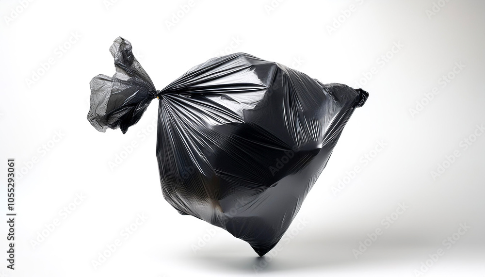 Black garbage bag floating or flying isolated white background Black garbage bag floating or flying isolated white background