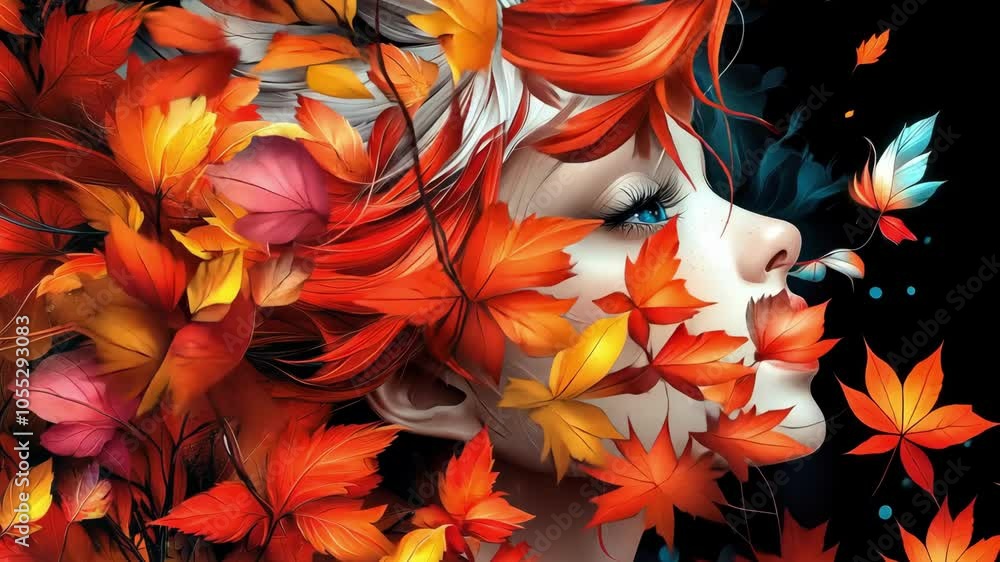 Autumn fantasy portrait: woman's face with red leaves and dark background Autumn fantasy portrait: woman's face with red leaves and dark background