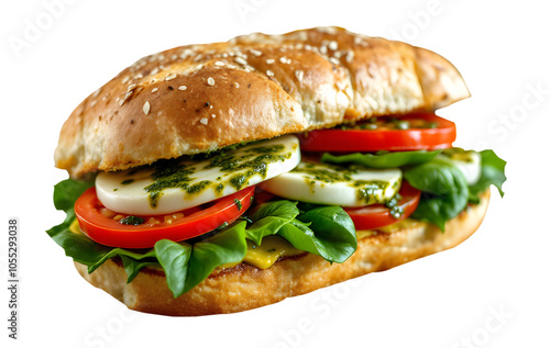 Close-up image of a vegetarian sandwich with tomato, egg, vegetable, and cheese on transparent background