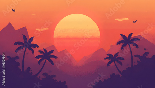 Tropical sunset gradient landscape with palm trees and glowing sun for artistic background