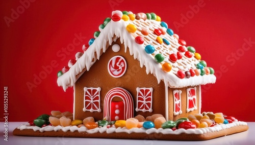 Festive Gingerbread House with Dripping Icing, Colorful Candy Decorations, and Snowy Sugar Base on Vibrant Red Background. Perfect for Christmas Decor, Holiday Baking Ideas, Family Craft Inspiration