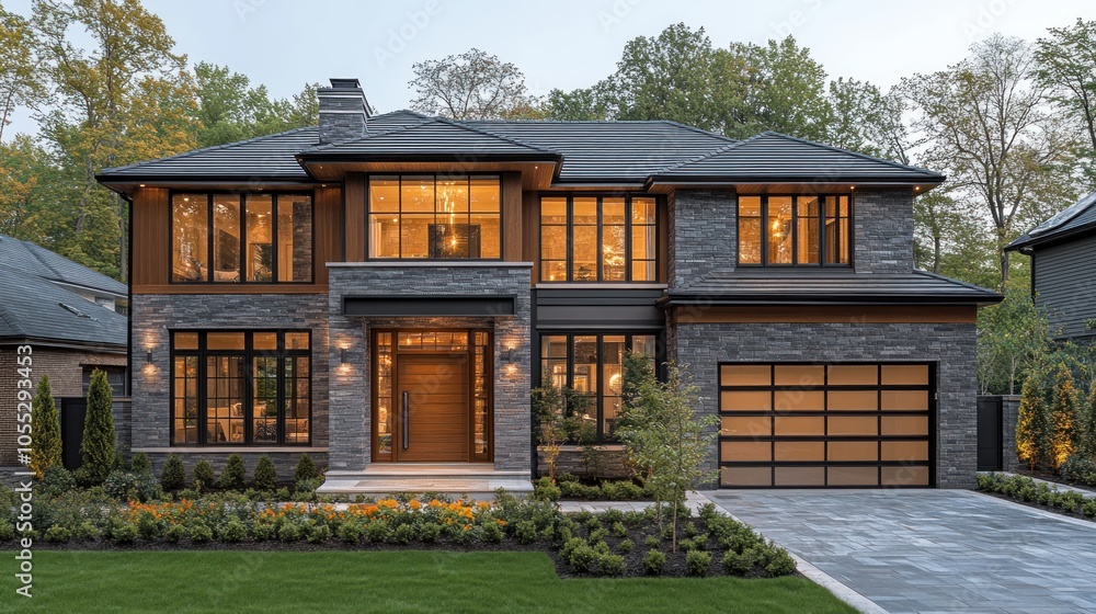 Modern Stone-Faced Home with a Glass Garage Door and Landscaped Yard Modern Stone-Faced Home with a Glass Garage Door and Landscaped Yard