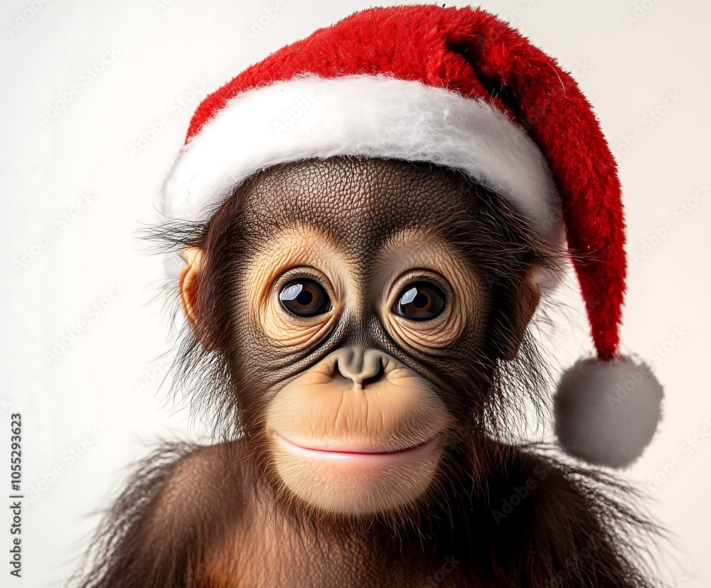 Adorable chimpanzee wearing a festive Santa hat with a playful expression. Adorable chimpanzee wearing a festive Santa hat with a playful expression.