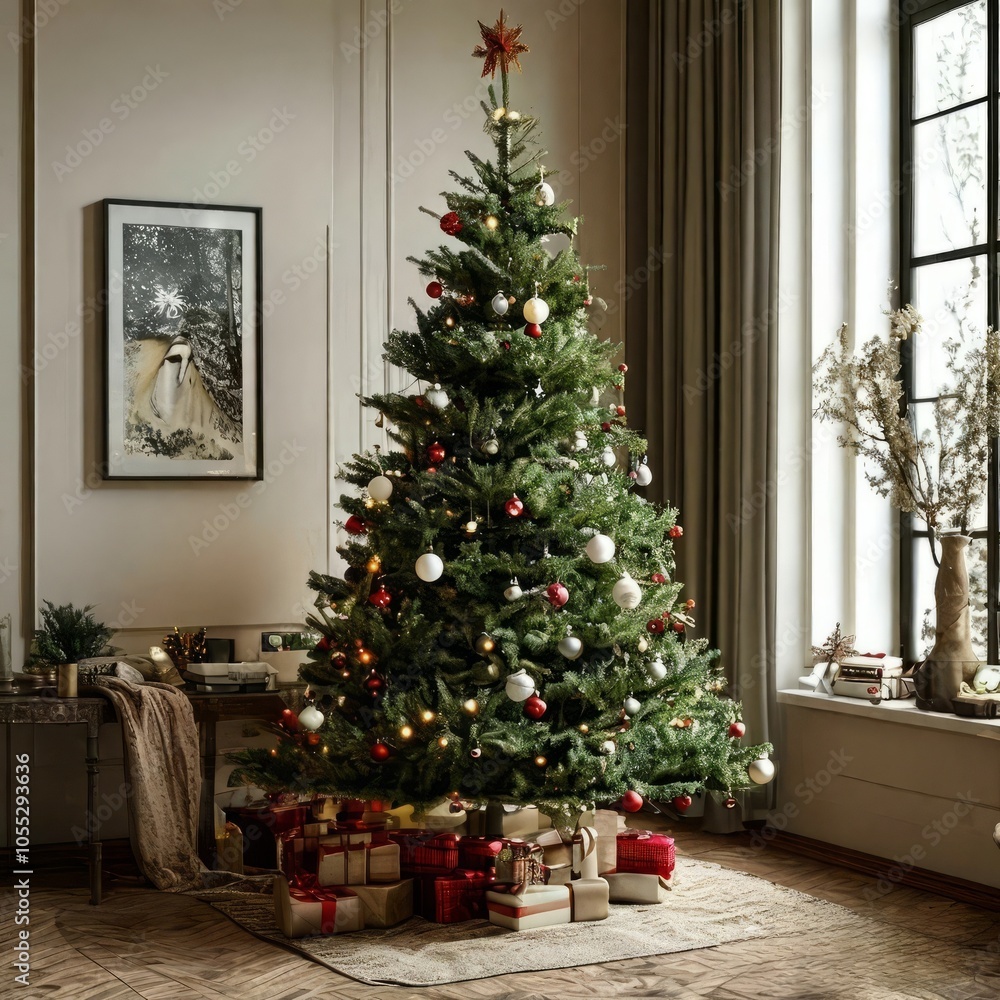 A beautifully decorated Christmas tree stands in a cozy room, adorned with twinkling lights and colorful ornaments. Wrapped gifts are placed underneath the tree, enhancing the festive atmosphere. A beautifully decorated Christmas tree stands in a cozy room, adorned with twinkling lights and colorful ornaments. Wrapped gifts are placed underneath the tree, enhancing the festive atmosphere.