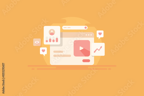 Social media analytics software dashboard display content performance, audience insights, competitor data and ROI measure, business KPI conceptual vector illustration yellow background. 