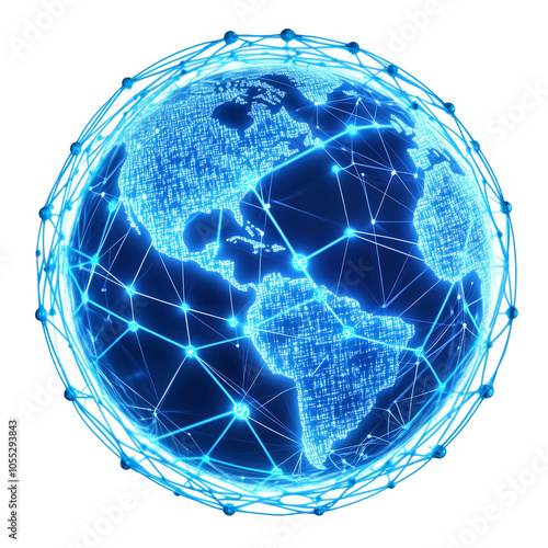 A digital globe with glowing blue connections on a transparent background