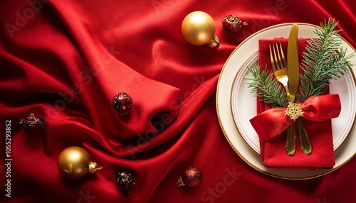 Festive Christmas dinner setting. Seasonal holiday dining background. Seasonal food decorated plate and cutlery. Overhead shot photo