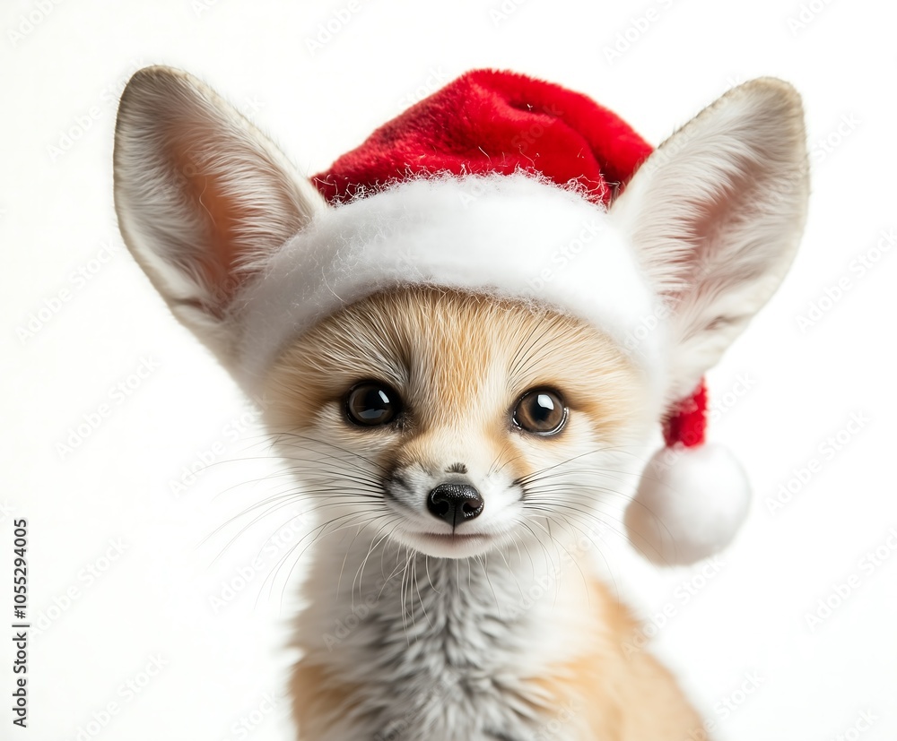 Adorable fennec fox wearing a festive Santa hat against a plain white background. Adorable fennec fox wearing a festive Santa hat against a plain white background.